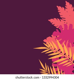 Vector design with yellow, pink monstera and jungle leaves. Modern template for wallpaper, invitations, prints, cards, posters. Summer illustration of Tropical exotic leaves. Paper cut effect.