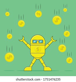 VECTOR DESIGN OF YELLOW ROBOTS GET GOLD MONEY DOWN LIKE A LOT OF RAIN