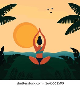 vector design of yogi practicing yoga at the sunset on tropical beach
