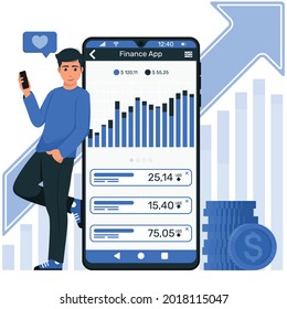 Vector Design Young Man With Mobile Watching Finance App, Finance Mobile Application Showing A Profit Graph In Dollar