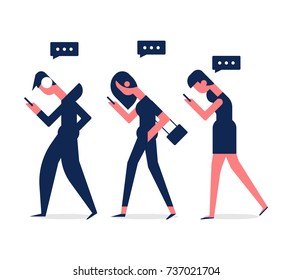 Vector design of young people holding smart phone to read and text messages. Side view. Flat concept illustration of people addiction to networks and spending time in internet.