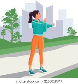 A vector design of a Young woman in training stretching with the city building background outsoors