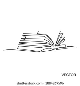 Vector design.Continuous one line drawing open book with flying pages. Vector illustration education supplies back to school theme.
