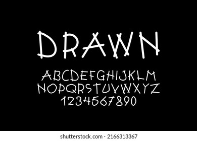 Vector designer cartoon alphabet. Trendy english font. White latin letters and numerals - doodle minimalistic style. New creative signs typeface