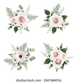 Vector designer elements set collection of green forest leaves, and flowers in watercolor style. Decorative beauty elegant illustration for design