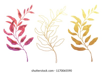 Vector designer elements set collection of  natural leaves herbs in watercolor style. Decorative beauty elegant illustration for design. Light gold leaves. Golden outline of a branch