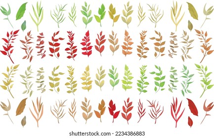 Vector designer elements set collection of green forest fern, tropical green and red and orange eucalyptus greenery art foliage natural leaves herbs in watercolor style. 