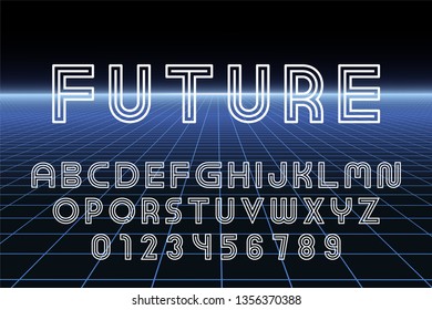 Vector designer futuristic font - minimal design. Contour english alphabet. Striped latin letters and numerals. New creative signs typeface