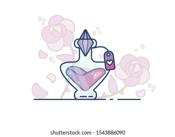 Vector designer illustration with bottle of elixir of love. Magic bottle with a potion on a background of roses. Love potion