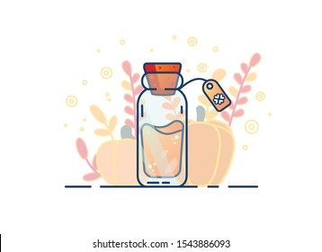 Vector designer illustration with bottle of elixir of fortune. Magic bottle with a potion on a background of pumpkin. Good luck potion.