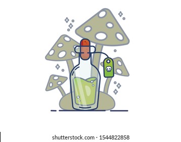 Vector designer illustration with bottle of poison. Magic bottle with a potion on a background of green toadstools. Deadly poison.