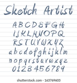 Vector designer sketched alphabet in blue ink on lined background