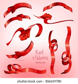 Vector designers set with beautiful red glossy ribbons. Useful collection for making postcards, wedding invitations, ornaments and other cute and romantic designs.