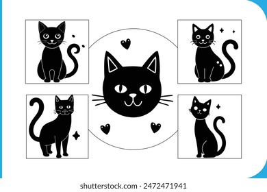 Vector designs of cat-themed greeting cards, perfect for celebrating International Cat Day with a personal touch. Ideal for cat lovers and special occasions.