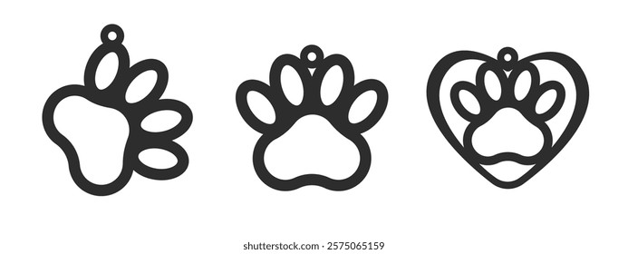 Vector designs with dog paw shape for earrings, pendant or keychain. Jewelry silhouette laser cut template. Cnc cutting with metal, wood or leather