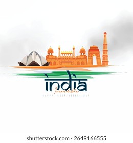 Vector Designs of Indian National Festival Independence Day with Indian Flag Indian Heritage beautiful background and lots of celebration concept. Birds showing Freedom. People are celebrating 15th 
