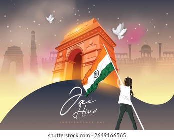 Vector Designs of Indian National Festival Independence Day with Indian Flag Indian Heritage beautiful background and lots of celebration concept. Birds showing Freedom. People are celebrating 15th 