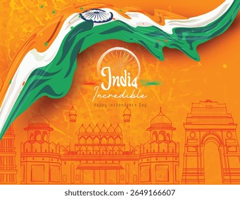 Vector Designs of Indian National Festival Independence Day with Indian Flag Indian Heritage beautiful background and lots of celebration concept. Birds showing Freedom. People are celebrating 15th 