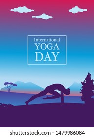 Vector designs for poster, magazine, brochure, booklet, web page. Practicing yoga on the nature with mountains and trees on a background. International yoga day