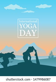 Vector designs for poster, magazine, brochure, booklet, web page. Practicing yoga on the nature with mountains and trees on a background. International yoga day
