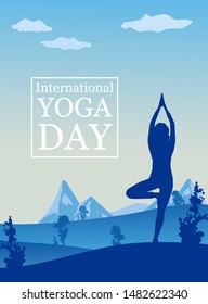 Vector designs for poster, magazine, brochure, booklet, web page. Practicing yoga on the nature with mountains and trees on a background. International yoga day