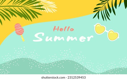 Vector Design.Summer Background.Sale.Baner.Post.Beach,Summer.Sea.Sunglasses.Palms,Twigs,Sunny,Vacation,Vacation,Nature,Sand,Freedom.Trendy.Stylish.Modern.Font.Text.Blue,Yellow ,Ice Cream,Eskimo,Print.