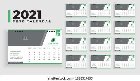 Vector - Plantilla de Calendario de Escritorio 2021, Calendario 2021, Diseño de portada. La semana comienza el domingo, conjunto de 12 meses