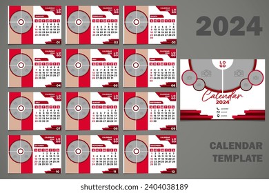 Vector Desk Calendar 2024 Abstract Red Color Template
