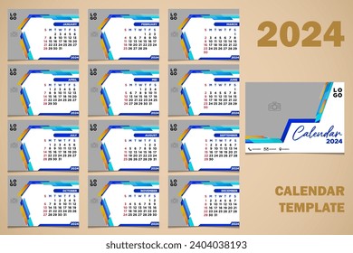 Vector Desk Calendar 2024 Abstract Blue Color Template
