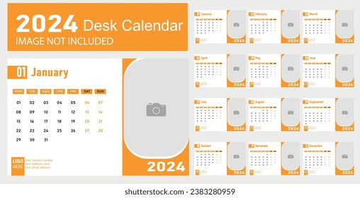 Vector desk calendar 2024 design, week start Monday, vector illustration, calendar layout.