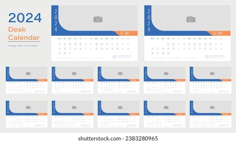 Vektor-Desk-Kalender 2024 Design, Wochenstart Montag, Vektorgrafik, Kalenderlayout.