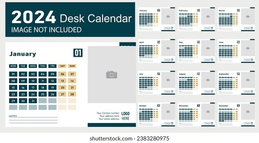 Diseño del calendario de escritorio vectorial 2024, inicio de semana lunes, ilustración vectorial, diseño del calendario.