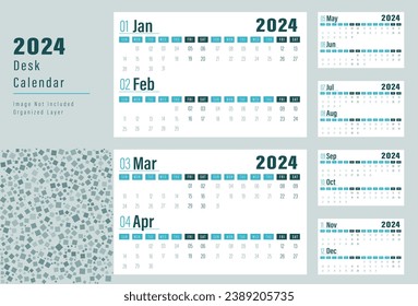 Vector desk calendar 2024 design, week start Monday, vector illustration, calendar layout.