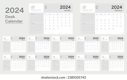 Vector desk calendar 2024 design, week start Monday, vector illustration, calendar layout.