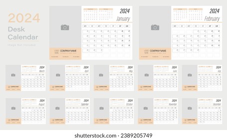 Vektor-Desk-Kalender 2024 Design, Wochenstart Montag, Vektorgrafik, Kalenderlayout.