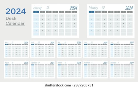 Vector desk calendar 2024 design, week start Monday, vector illustration, calendar layout.