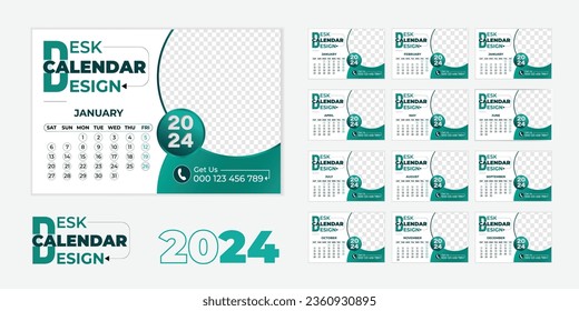 Vector desk calendar 2024 or monthly  weekly schedule new year calendar 2024 design template. with 12 page + cover page,