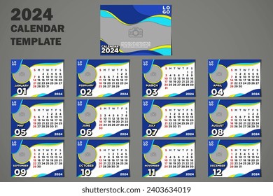 Vector Desk Calendar 2024 Template Paper Cut Blue Themes