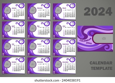 Vector Desk Calendar 2024 Template Abstract Purple Paper Cut Themes