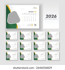 Vetor do calendário de mesa 2026, 2026 novo projeto de modelo de calendário de mesa de ano, início da semana no domingo.