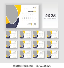 Vetor do calendário de mesa 2026 com início de semana no domingo.
