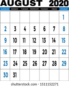 vector desk calendar for AUGUST 2020 template on white background, printable calendar, planner design template, week starts on Sunday Vector illustration.
