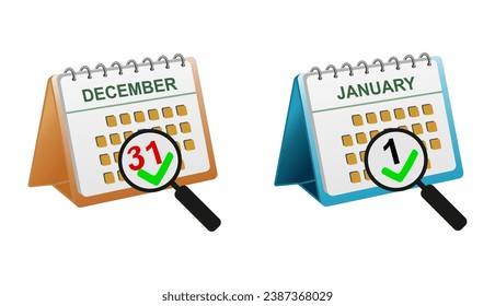 vector desk calendar date with magnify 1st of the january month icon. first day of the new year icon.