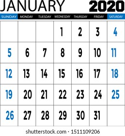 vector desk calendar for JANUARY 2020 template, printable calendar, planner design template, week starts on Sunday Vector illustration.