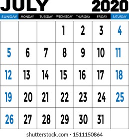 vector desk calendar for JULY 2020 template on white background, printable calendar, planner design template, week starts on Sunday Vector illustration.