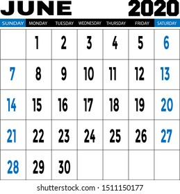 vector desk calendar for JUNE 2020 template on white background, printable calendar, planner design template, week starts on Sunday Vector illustration.