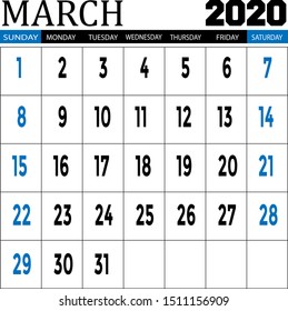 vector desk calendar for MARCH 2020 template on white background, printable calendar, planner design template, week starts on Sunday Vector illustration.