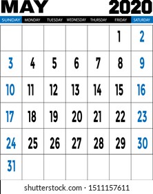 vector desk calendar for MAY 2020 template on white background, printable calendar, planner design template, week starts on Sunday Vector illustration.