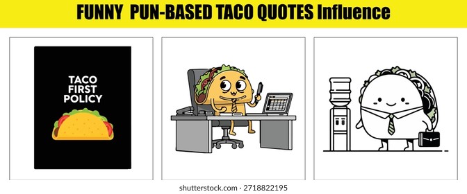 Escritorio de Vector con tacos en Configuraciones de oficina con la primera política de tacos y Palabras claves gráficas de trabajo: taco, dibujos animados, comida, ilustración,...