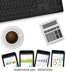 Vector desk with keyboard, mobile phones, calculator, cup of coffee. finance consultant, business analyst accounting workpalce. View from the top